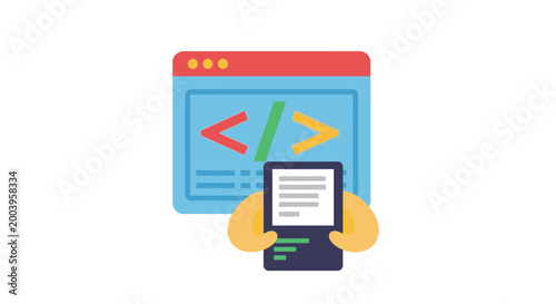 hands holding tablet with code editor icon
