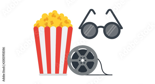 popcorn bucket sunglasses and film reel vector illustration
