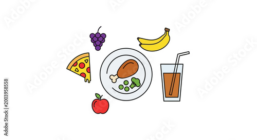 illustration of meal with chicken fruits vegetables pizza and drink
