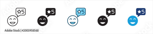 Happy customer with 5 stars chat bubble icon. Icon symbol usable for: satisfaction, customer review, five stars, positive feedback, rating, happiness, approval, service quality, customer experience.