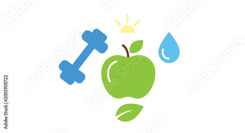 fitness and health icons with dumbbell apple sun and water drop