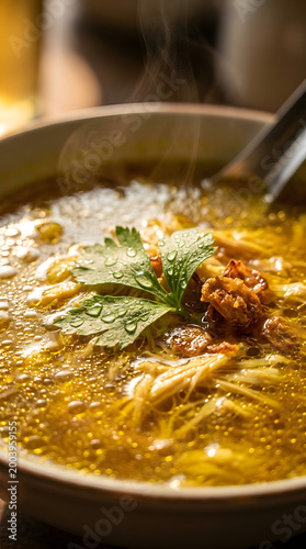 Soto Ayam Golden Broth Macro Close-Up, Indonesian Chicken Soup Steam Detail Potrait Orientation