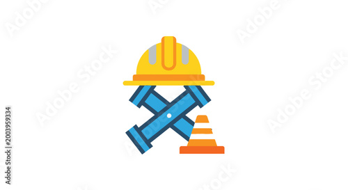construction tools icon with hard hat and traffic cone