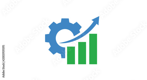 gear and bar chart icon with blue arrow on white background
