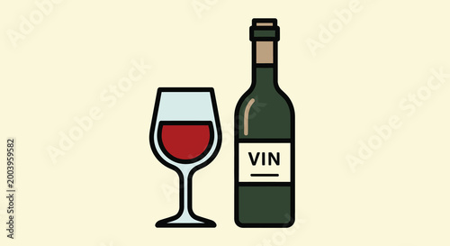 wine bottle and glass illustration on beige background
