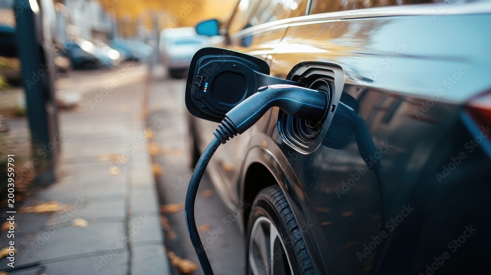 Fototapeta premium Close-up of electric car charging on urban street