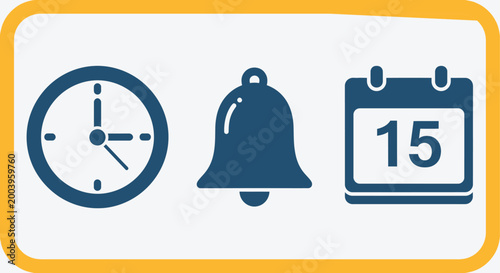 clock bell calendar icons in yellow frame