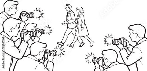 Celebrity couple walking surrounded by paparazzi photographers taking pictures, fame and media attention concept vector illustration, public figures in the spotlight