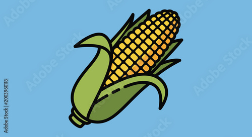 corn cob with green husk on blue background