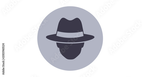 fedora hat silhouette on gray circle background