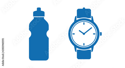 water bottle and wristwatch silhouettes on white background