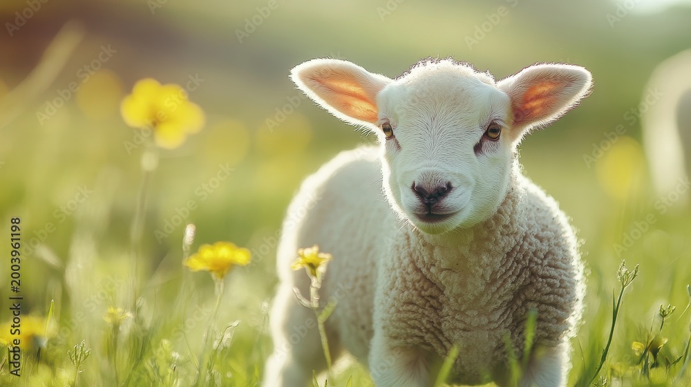 Fototapeta premium Adorable lamb in a sunny spring meadow with yellow flowers