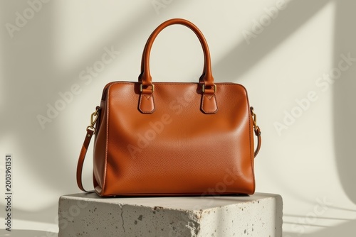 Brown leather handbag with handles and strap displayed on concrete block