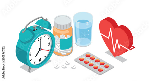 Medical healthcare set with an alarm clock for pill reminders alongside a bottle of medicine and a blue glass of water.