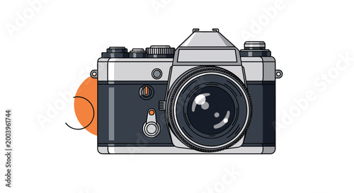 Classic vintage film camera illustration showing detailed lens and body controls set against a simple orange background.