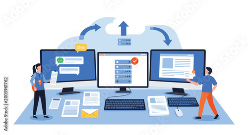 Cloud computing server management scene showing IT professionals monitoring large screens for data transfer and chat logs.