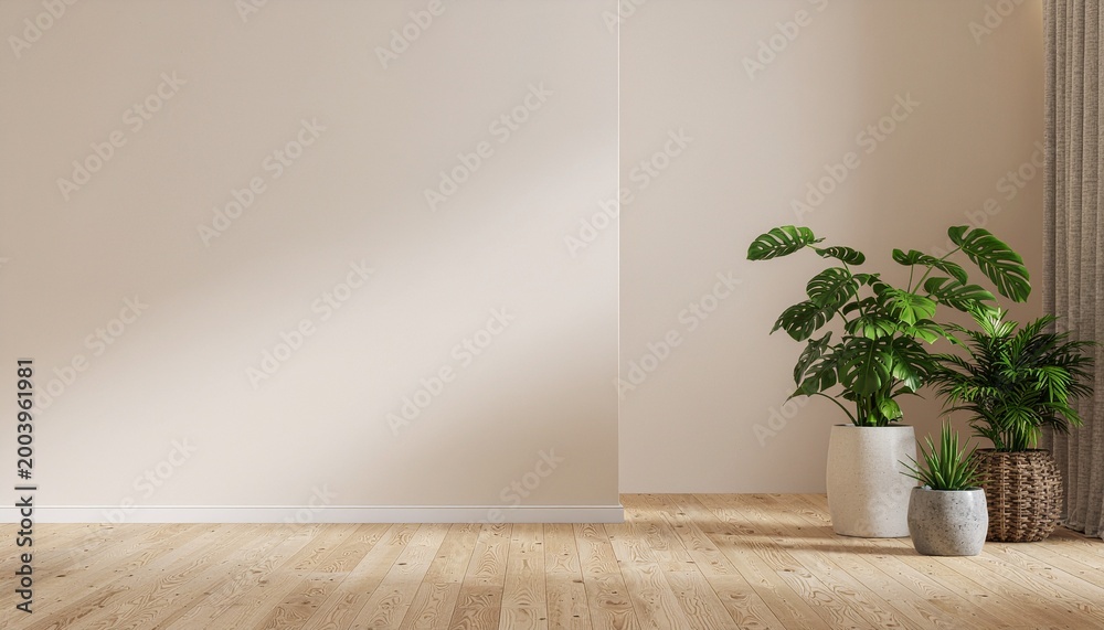 Fototapeta premium Minimalist empty interior room with blank beige wall wooden floor and potted plants for home decor mockup- 3D rendering