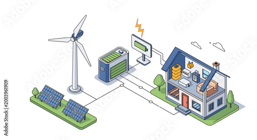 Sustainable house design powered by renewable energy sources including a wind turbine and multiple solar panel arrays.
