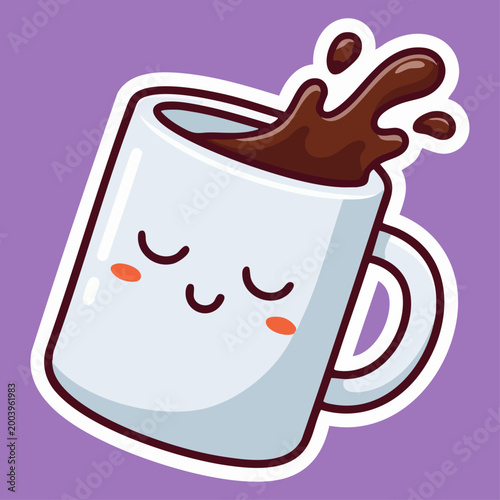 Cute kawaii coffee mug character with coffee splash illustration. Happy smiling coffee cup cartoon sticker. Cozy morning vibes kawaii mug with hot cocoa splash. Cozy adorable espresso mascot