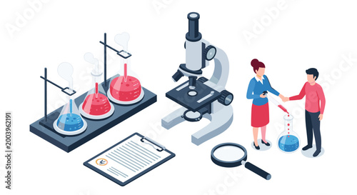 Scientific research laboratory with scientists working together using a microscope and various chemical glass flasks.