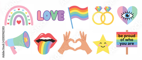 LGBTQ pride stickers set in pastel colors, rainbow pride month vector icons, 10 colorful queer community symbols for social media and protest posters