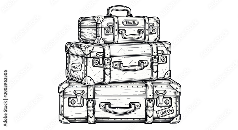 Obraz premium Vintage Luggage Stacked High, Retro Travel Suitcases, Sketch Style
