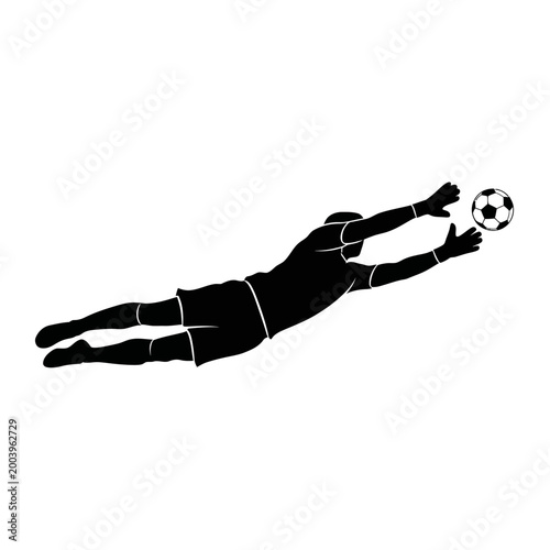 Soccer goalkeeper diving to catch ball, silhouette on white background