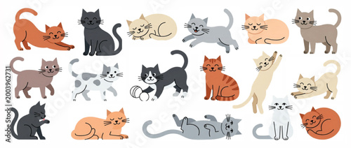 Cute cat characters collection, 16 flat vector kitten illustrations in various poses, playful feline pets set for nursery decor and greeting cards