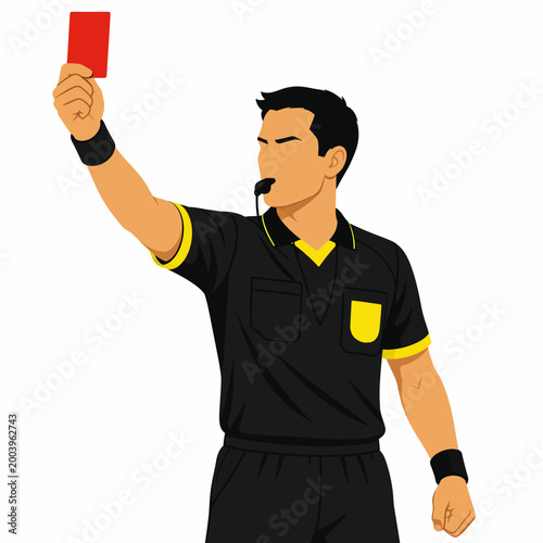 Soccer referee showing red card and blowing whistle, isolated on white background
