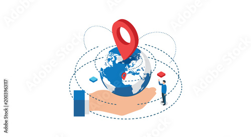 Global positioning and logistics concept with a hand supporting the earth and a large red location marker pin indicating a specific destination.