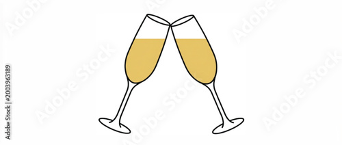 Minimalist champagne glasses clinking vector, elegant sparkling wine toast illustration, celebratory gold drink flutes for wedding and party design