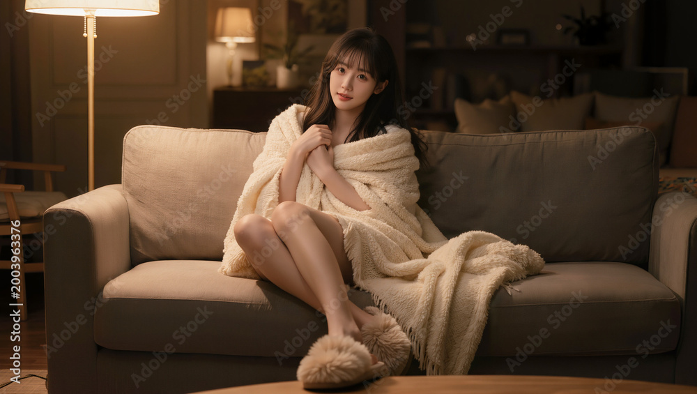 Fototapeta premium Cozy Young Woman Relaxing on Sofa with Soft Blanket in Warm Living Room