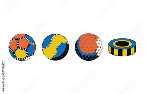 Four stylized sports items on a white background: a multicolored soccer ball, a graphic tennis ball, a dimpled golf ball, and a striped hockey puck, each shown in bold geometric shapes.