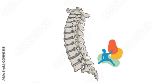 Human vertebral column illustration showing the detailed anatomy of the spine alongside colorful figures performing physical exercise.