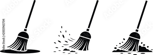 Broom icons, sweeping dirt and debris cleaning symbols in minimalist style for housekeeping cleaning service and maintenance design applications.