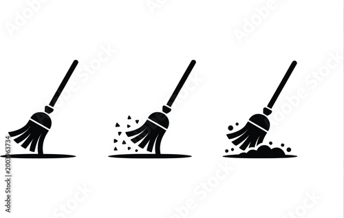 Broom icons, vector illustration of cleaning and sweeping tools representing dirt removal housekeeping and sanitation services for modern UI design.