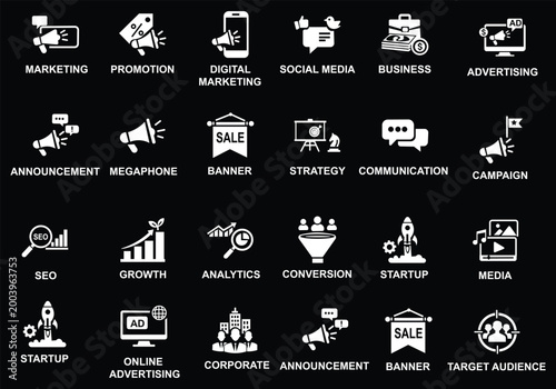 Advertising and digital marketing icon set featuring SEO, social media campaign, target audience, megaphone announcement, sales funnel, marketing strategy, and brand promotion symbols.