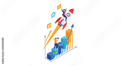 Rapid business growth and startup success illustrated with a person riding a rocket taking off over a rising bar chart.