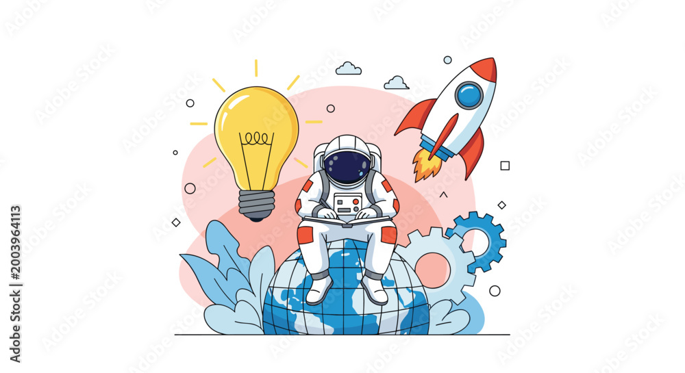 Naklejka premium Global innovation and future exploration theme with an astronaut sitting on the earth surrounded by symbols of knowledge and technology.