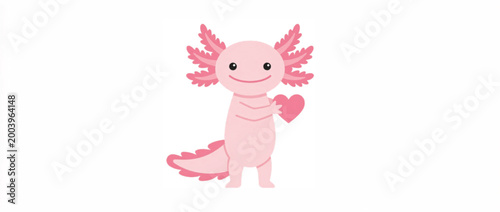 Cute pink axolotl cartoon character holding a heart, adorable aquatic salamander vector illustration, friendly mexican walking fish mascot