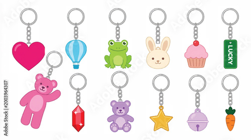 Foto Kawaii keychain vector set with cute animal and object charms, colorful 12 piece