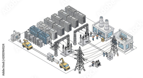 Isometric Power Generation and Distribution Network Illustration.