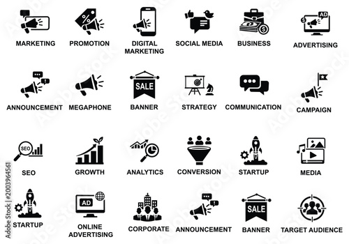 Advertising and digital marketing icon set featuring SEO, social media campaign, target audience, megaphone announcement, sales funnel, marketing strategy, and brand promotion symbols.
