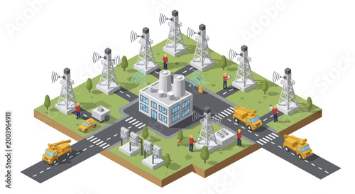 Isometric Smart City with Central Building and Communication Towers.