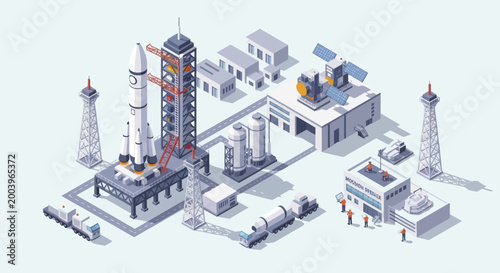 Isometric Space Launch Center with Rocket and Satellite.