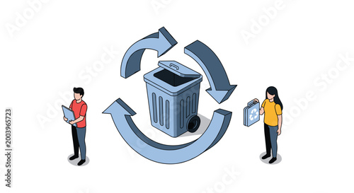 Environmental recycling concept with people disposing waste into large blue bin with circular movement arrows.