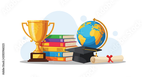 Academic success and graduation celebration with golden trophy stack of books globe and diploma certificate.