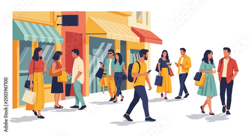 Illustration of summer people walking and shopping along a vibrant city street with colorful storefronts, depicted in a flat design style with clean lines and a bright, inviting color