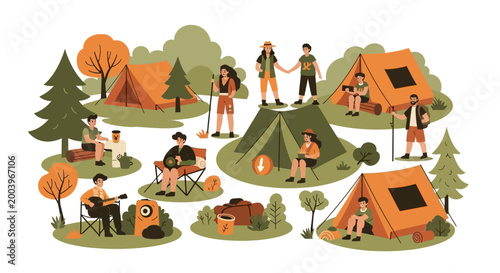 Illustrated summer people camping scene featuring various individuals engaging in activities like playing guitar and relaxing near tents, set against a clean white background with warm