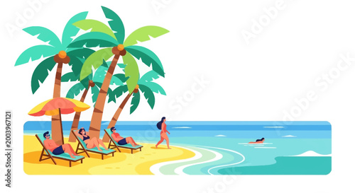 A vibrant illustration depicts summer people relaxing on a sandy beach under palm trees, with some lounging in deck chairs shaded by an umbrella and others enjoying the ocean, set